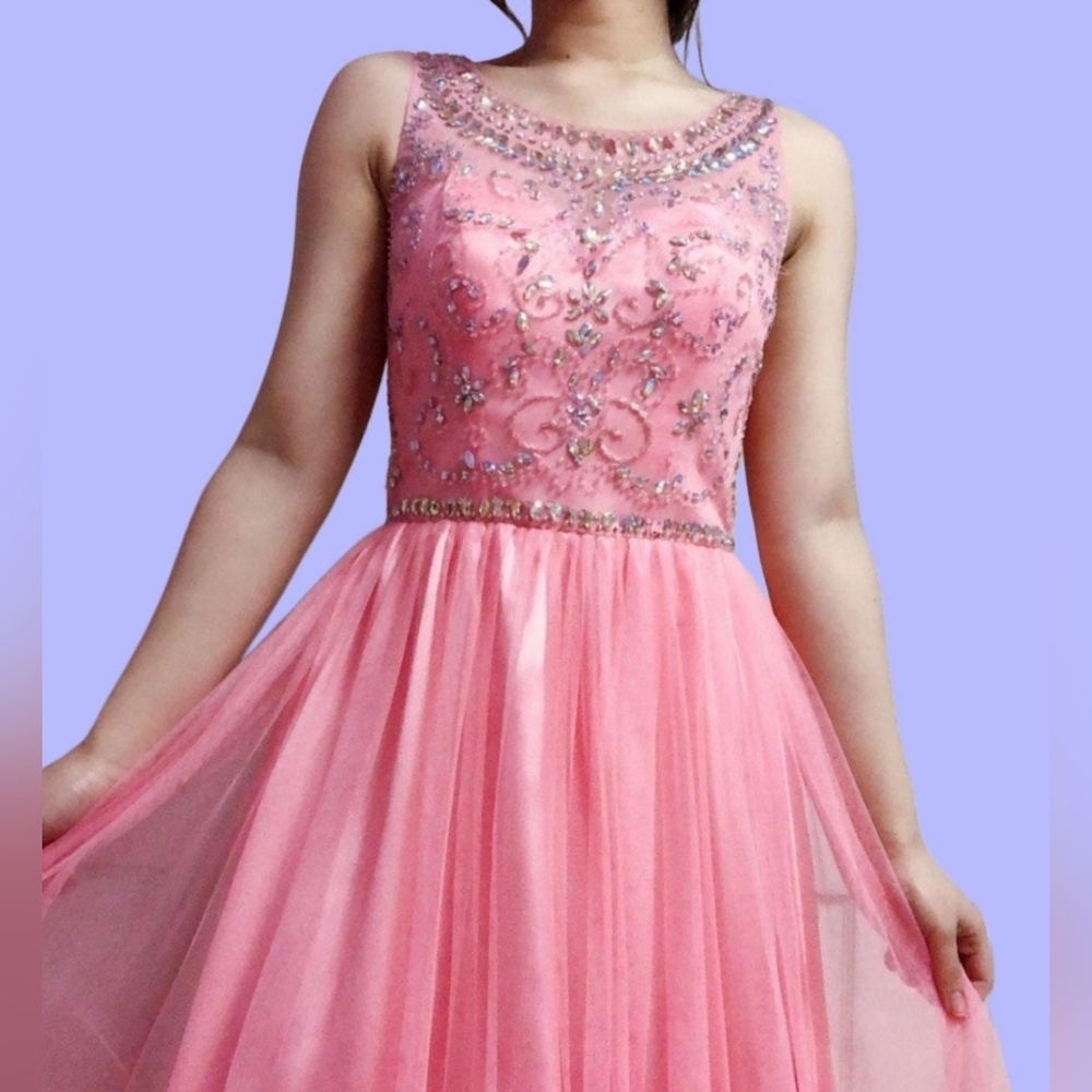 B. Darlin Pink Floor Length Prom Dress w/ Aurora Borealis Crystals Tulle,Size 5